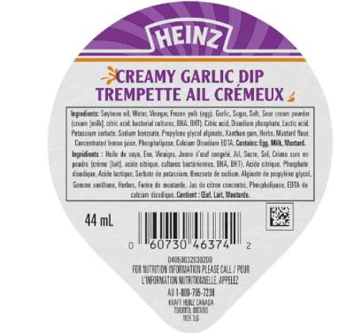 CH0120 : Heinz CH0120 : Condiments - Sauce - Creamy Garlic Dip HEINZ, CREAMY GARLIC DIP,100 x 44 ML