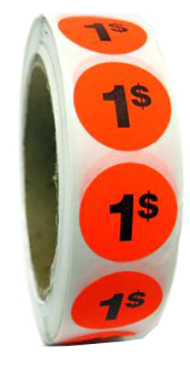 PR001 : Rouleaux PR001 : Accessories & Supplies - Discount sticker - 1$ Roll Fluo ROULEAUX , 1$ ROLL FLUO , 1000stic/rls