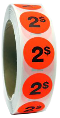 PR002 : Rouleaux PR002 : Accessories & Supplies - Discount sticker - 2$ Roll Fluo ROULEAUX , 2$ ROLL FLUO , 1000stic/RLS